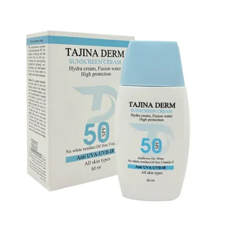 کرم ضد آفتاب بی‌رنگ تاجینادرم SPF 50 مدل All skin مناسب برای انواع پوست محافظ UVA/UVB حجم 50 میلی‌لی